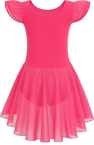 Girls Ballet Leotard with Skirt - Flutter Sleeve Tutu Outfit for 4-6 Years Rose