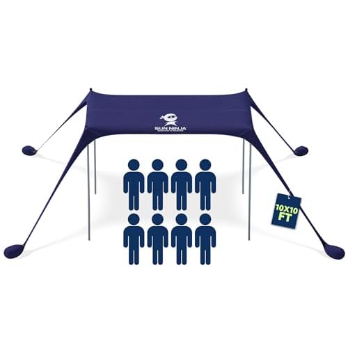 SUN NINJA Beach Tent Sun Shelter UPF50+ - Easy Pop Up Beach Canopy - Outdoor Shade for Camping Trips, Fishing, Backyard Fun Picnics - Sand Shovel, Ground Pegs & Stability Poles