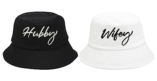 Mr Mrs Hubby Wifey Captain First Mate Bucket Hats Set - One Size Black & White