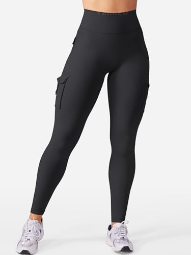 Women’s Workout Cargo Leggings with 4 Pockets, 25-Inch Inseam, Medium, Black