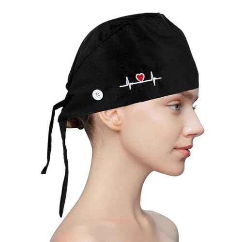 Scrub Caps Women, Adjustable Working Caps with Button & Sweatband, Nurse Caps for Women, Bouffant Cap with Buttons for Women Men, 1Pcs Black