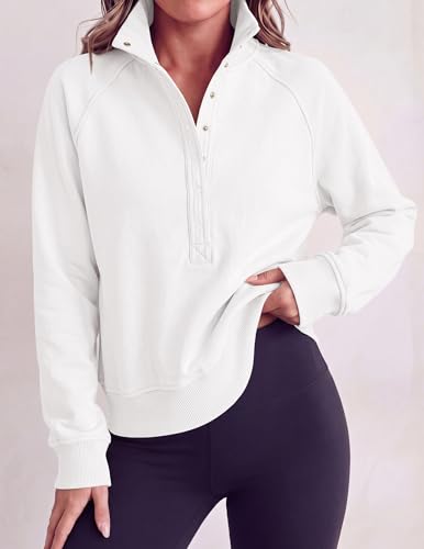 Women's Oversized Fall Sweatshirt with Mock Neck and Henley Pullover - Medium White