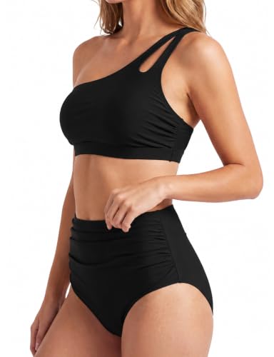 Women’s One Shoulder High-Waisted Bikini Set with Tummy Control - Medium / Black