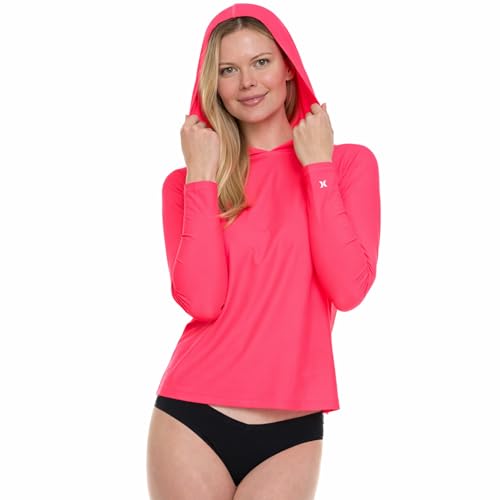 Hurley Women's Hooded Rash Guard Swim Shirt UPF 50+ Long Sleeve Sun Hoodie - Medium Pink