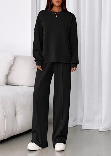 PRETTYGARDEN Women's Long Sleeve Sweatshirt 2-Piece Set Large Black
