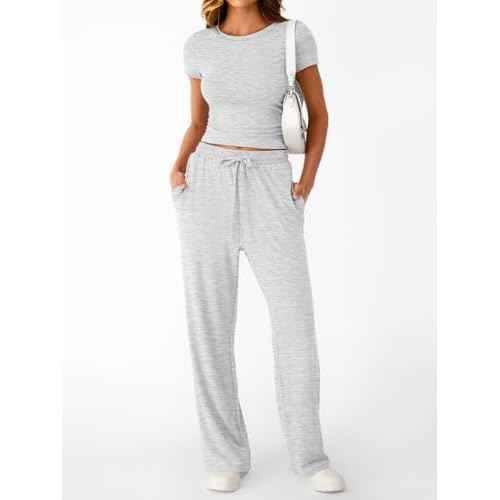 Trendy Queen 2 Piece Matching Summer Sweatsuit Lounge Set Womens Wide Leg Pants Side Ruching Crop Top Sets