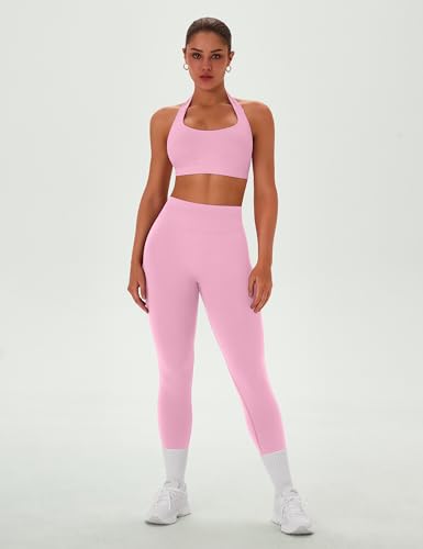 Women Workout Sets 2 Piece Halter Sports Bra Scrunch Butt Leggings - Pink Medium
