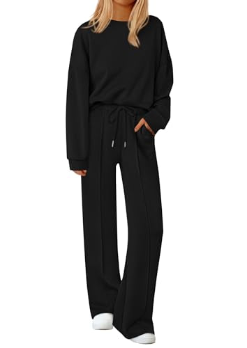 PRETTYGARDEN Women's Long Sleeve Sweatshirt 2-Piece Set Large Black