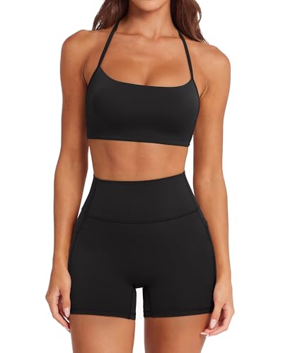 Women’s 2-Piece Workout Set with Padded Halter Sports Bra and High-Waisted Biker Shorts - Black, Small
