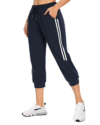 KaiDi Women's Navy Blue Capri Joggers with Pockets, Large
