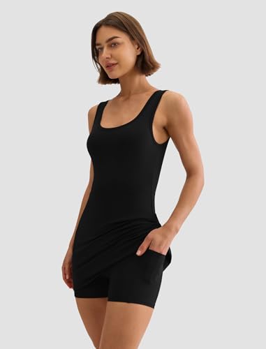 Women's Athletic Tennis Dress with Built-In Shorts and Pockets - Medium Black
