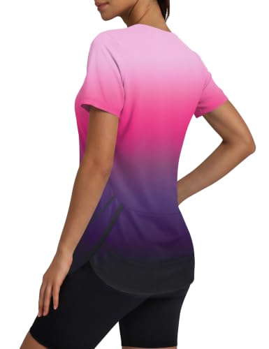 Women’s Workout Tops Short Sleeve Sun Protection Shirt Large Purple Black Gradient