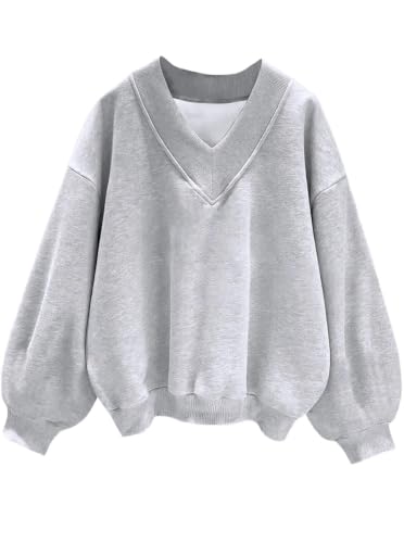 Hilinker Women's V Neck Oversized Sweatshirt Long Sleeve Pullover Large Grey
