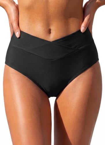 Women High Waisted Cross Front V Cut Bikini Bottoms - Medium Black