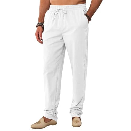 Runcati Mens Kaftan Thobe Pants Cotton Casual Elastic Waist Drawstring Muslim Trousers Summer Yoga Kurta Pants with Pockets