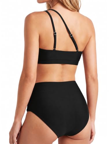 Women’s One Shoulder High-Waisted Bikini Set with Tummy Control - Medium / Black