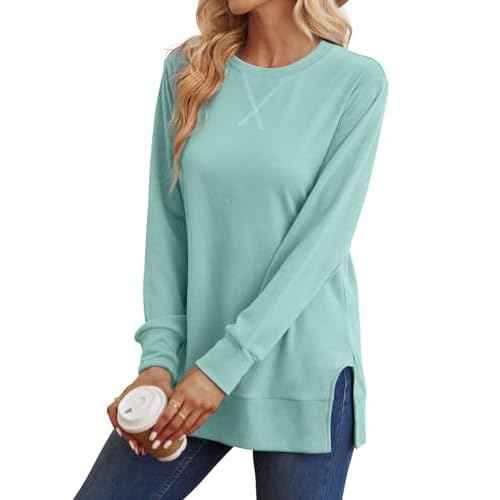 Saloogoe Sweatshirt for women Side Split Fall Fashion 2025 Long Sleeve Shirts Trending Now