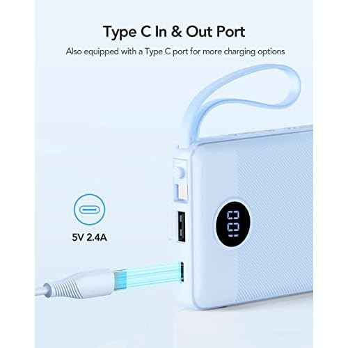 VRURC 10000mAh Power Bank Built-in Cables, Portable Charger with LED Display, Slim Travel Battery Pack with Cords, 5 Output Dual Input Phone Charger for Cell Phone Smart Devcies-Blue(1 Pack)