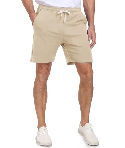 Mens Cotton Sweat Shorts Lounge Casual 7 Inch - XX-Large Beige Drawstring Elastic Waist