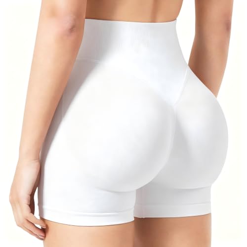 Women's High Waisted Workout Shorts with Scrunch Butt and Tummy Control - Medium White