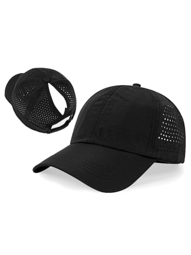 Women's UPF 50+ Waterproof Baseball Cap with Ponytail Hole - Black