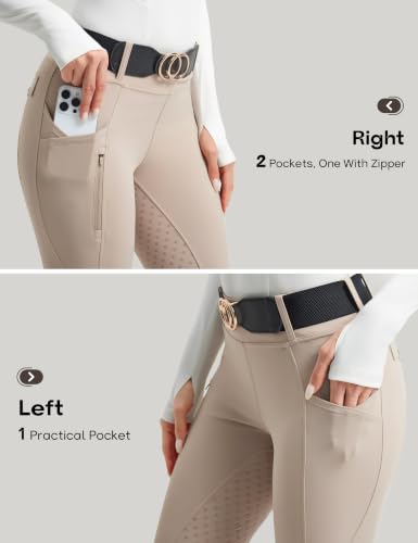 Women's Horse Riding Tights with Pockets - Full Seat Breeches, High Waist, Apricot Small Variation