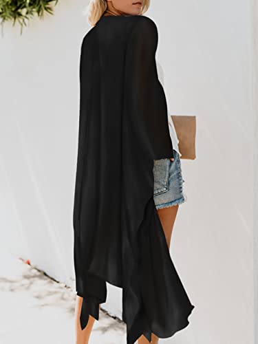 Women's Long Lightweight Kimono Cover Up Beach Swimsuit Boho Cardigan Large / 002 Black