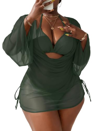 Plus Size Women's Halter Bikini Set X-Large Army Green 3 Piece Swimsuit Cover Up