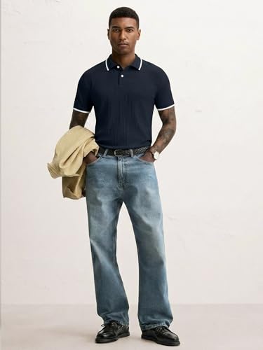 Men's Regular Fit Short Sleeve Knit Polo Shirt - Large Navy Blue