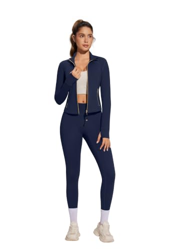 Women 2 Piece Workout Sets with Gold Full Zip Up Jackets & High-Waisted Leggings - Small/Navy Blue