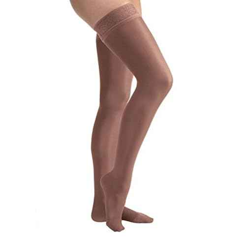 JOBST UltraSheer Thigh-High Compression Stockings for Women - Closed Toe - Lace Band - Medical Compression 15-20 mmHg - For Varicose and Spider Veins - Helps Prevent Swelling - Suntan, Medium Petite