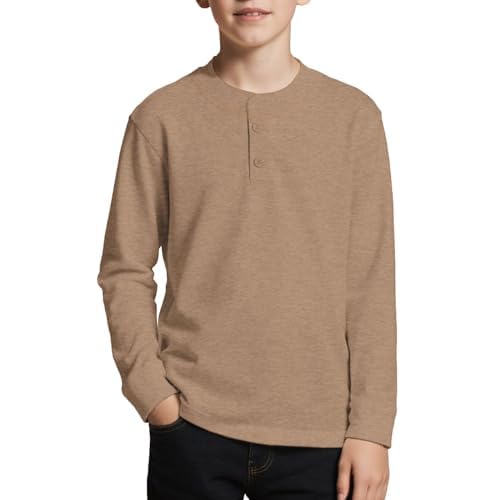 Boys Henley Long Sleeve Shirt Plain Triblend T-Shirt Crewneck Button Tee Fitted Casual Tops