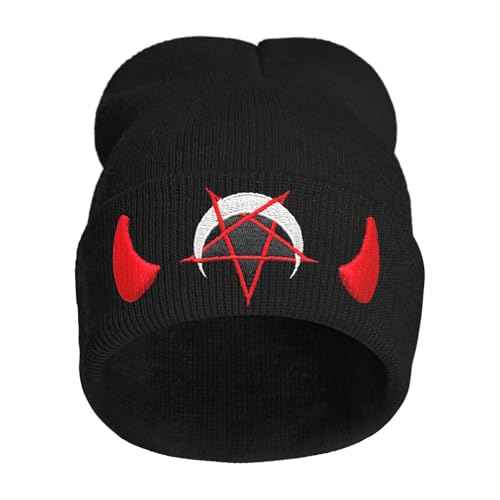 Spooky Horror Devil Horned Embroidery Beanie Knit Hat for Men Women, Casual Skull Knit Cap