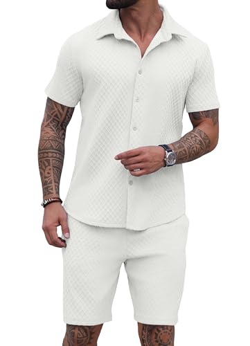 PrinStory Men's Short Sleeve Button-Down Tracksuit Outfit - White, Large