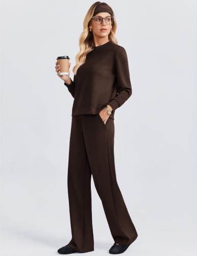 PINSPARK 2 Piece Women's Wide Leg Pants and Mock Neck Sweatsuit Set - Petite / Medium / Espresso Brown