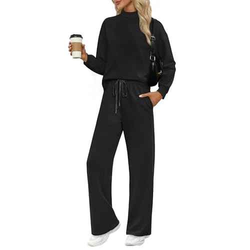 WIHOLL Two Piece Sets for Women Fall Outfits Lounge Sets Mock Neck Tops Wide Leg Pants Vacation Travel Airport Outfits