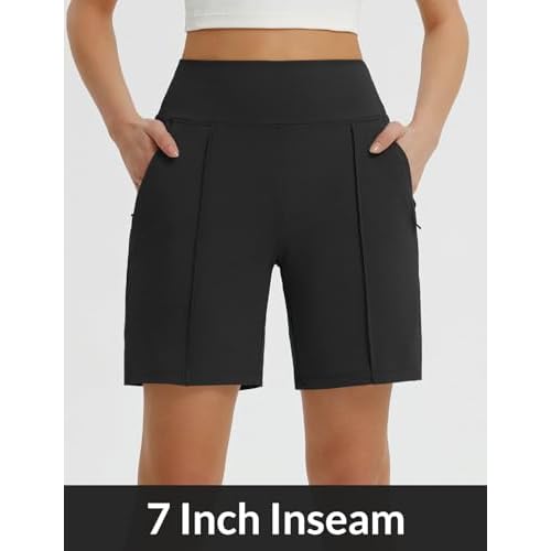 baleaf Women's 7 Inch Bermuda Long Shorts with Zipper Pockets High Waisted Athletic Shorts Walking Dressy Casual Loose