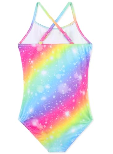 Kids Girls One Piece Swimsuit with Ruffles & Adjustable Straps - Rainbow Ruffles, 7-8 Years
