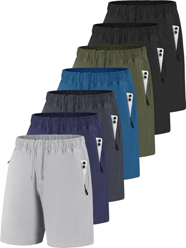 Men's Gym Workout Shorts 7 Inch Inseam Athletic Shorts with Zipper Pockets - Black, Dark Gray, Light Gray, Army Green, Navy, Teal, Large