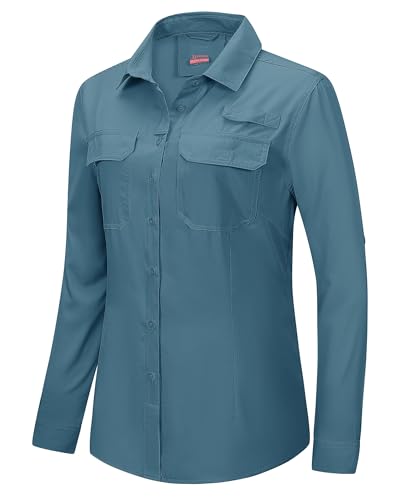 Women's UPF 50+ UV Sun Protection Safari Shirt Large Ocean Blue Quick Dry Outdoor Hiking Travel