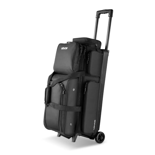VEVOR Bowling Ball Bag, 3 Ball Double Roller Bowling Bag with Wheels, Featuring a Separate Compartment for Shoes (Up To US Size 16) & Oversized Accessory Pocket, Retractable Handle Extends to 41.34 in