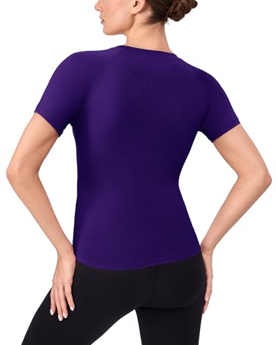 Women's Compression Shirt Short Sleeve Workout Top - Purple, Large - Athletic Baselayer for Running Yoga Gym