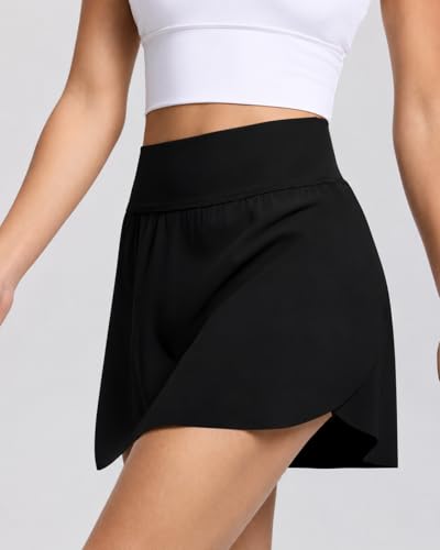 Large Black High-Waisted Side Slit Tennis Skirt for Women Running Athletic Skort with Pockets - LOMON