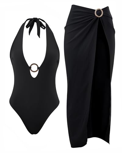 Women One Piece Tummy Control Swimsuit with Cover Up - Medium Black