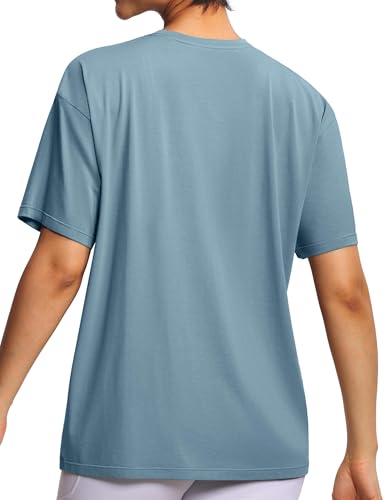 Women's Oversized Workout T-Shirt - Crewneck Basic Gym Top, Large Grey Blue