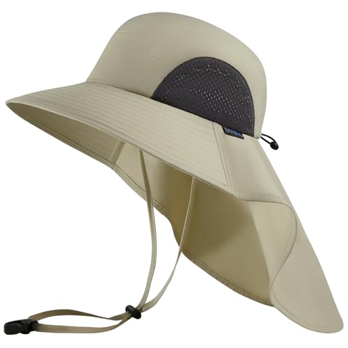 UV Protection Foldable Sun Hat with Wide Brim and Neck Flap - One Size Beige