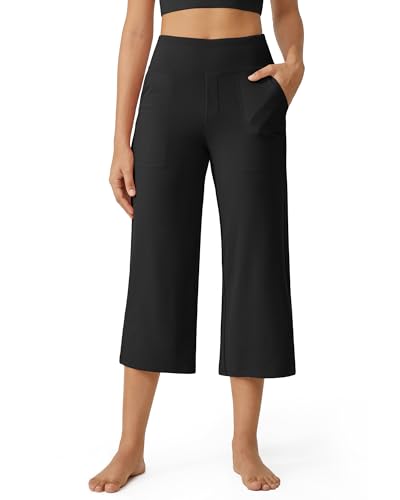 G4Free Wide Leg Yoga Capris for Women with Pockets - Casual Crop Pants Medium Black