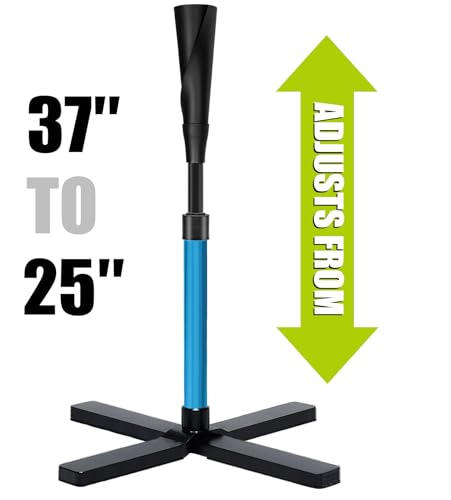 Batting Tee for Baseball and Softball - Heavy Base, Adjustable 25-47 Inches, Hand-Rolled Top - Blue, Height 25-37 Inches