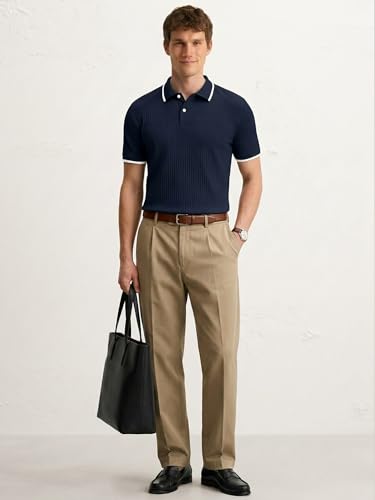 Men's Regular Fit Short Sleeve Knit Polo Shirt - Large Navy Blue
