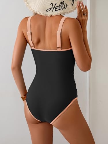 Women's One Piece Swimsuit Tummy Control Button Front Full Coverage - Medium, Black & Pink